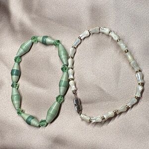 Green and White Beaded Bracelet Set